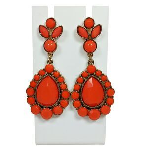 Gold Tone Metal Deep Coral Color Rhinestones Teardrop Shape Dangle Drop Earrings